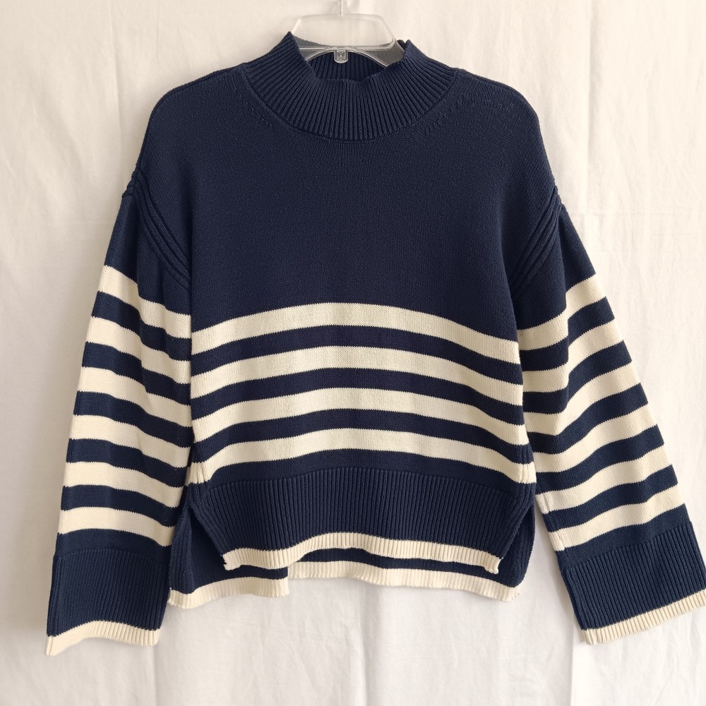 ON 34th Sweater Women Medium Navy Cream Striped Mock Neck Knit Top